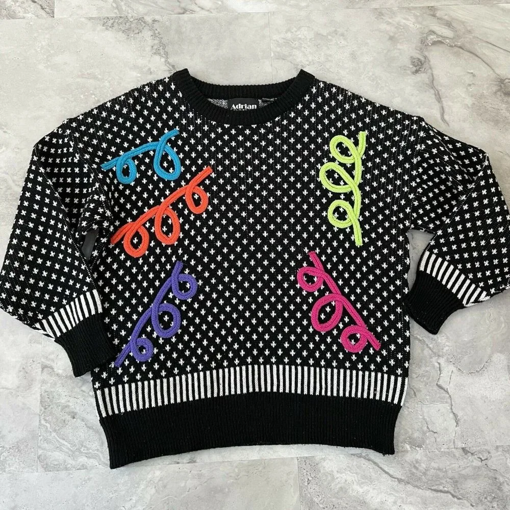 Adrian Spencer Vintage Shapes Color 3D 80’s Sweater Size Large L‎ Black